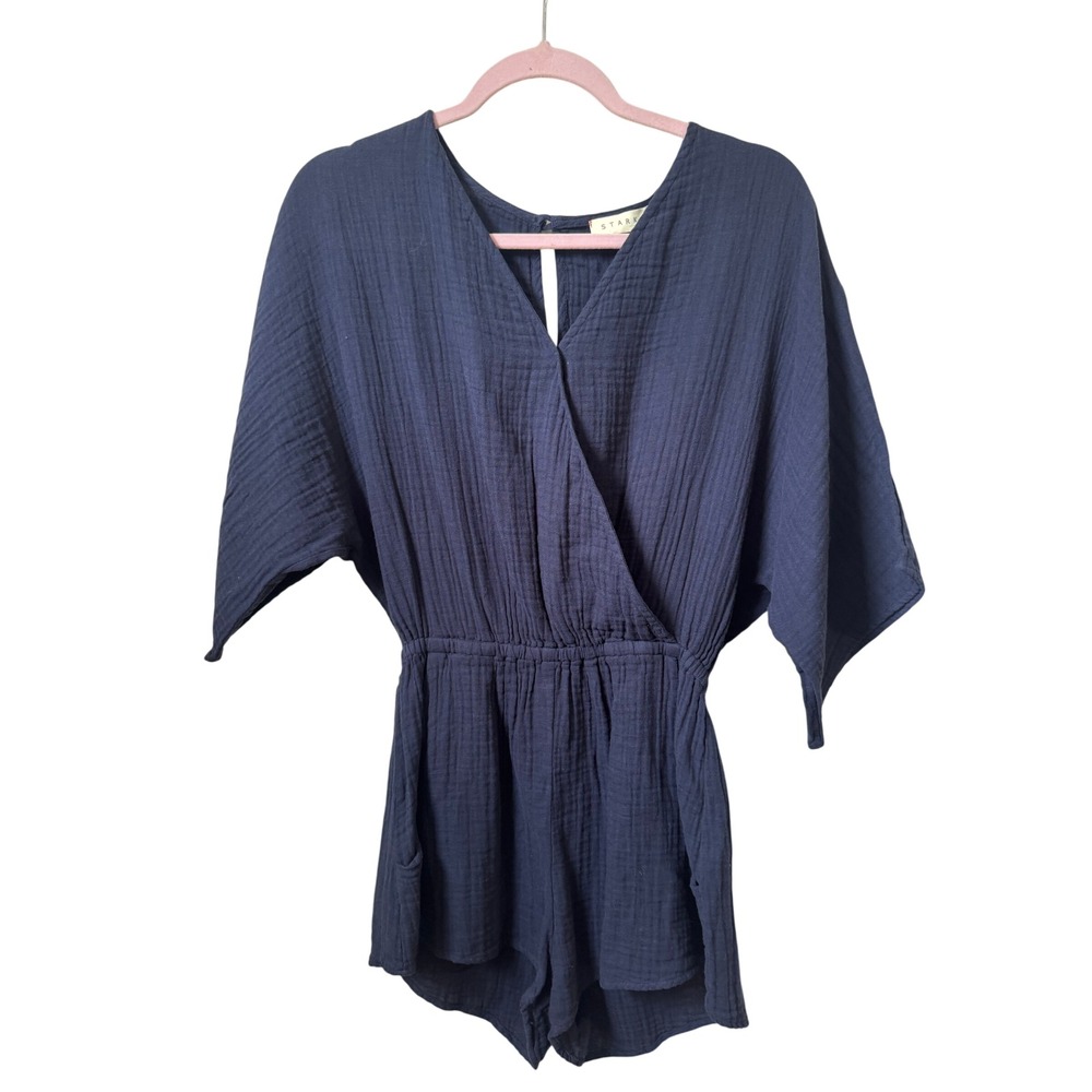 Stark X Womens Navy Blue Gauze Romper Surplice V-Neck Elastic Waist NWT